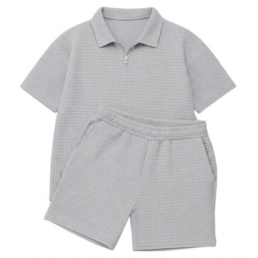 Hombre Conjunto de Polo con Cremallera y Pantalones Cortos con Textura de Cuadrícula-Sets for Men-Casaluzia