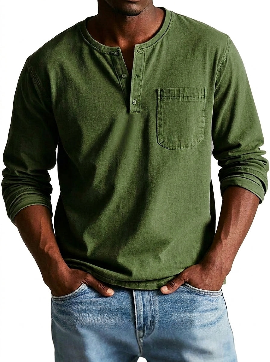 Hombres Camiseta Henley de manga larga con bolsillo de parche y botones-Shirt for men-Casaluzia