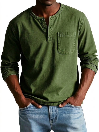 Hombres Camiseta Henley de manga larga con bolsillo de parche y botones-Shirt for men-Casaluzia