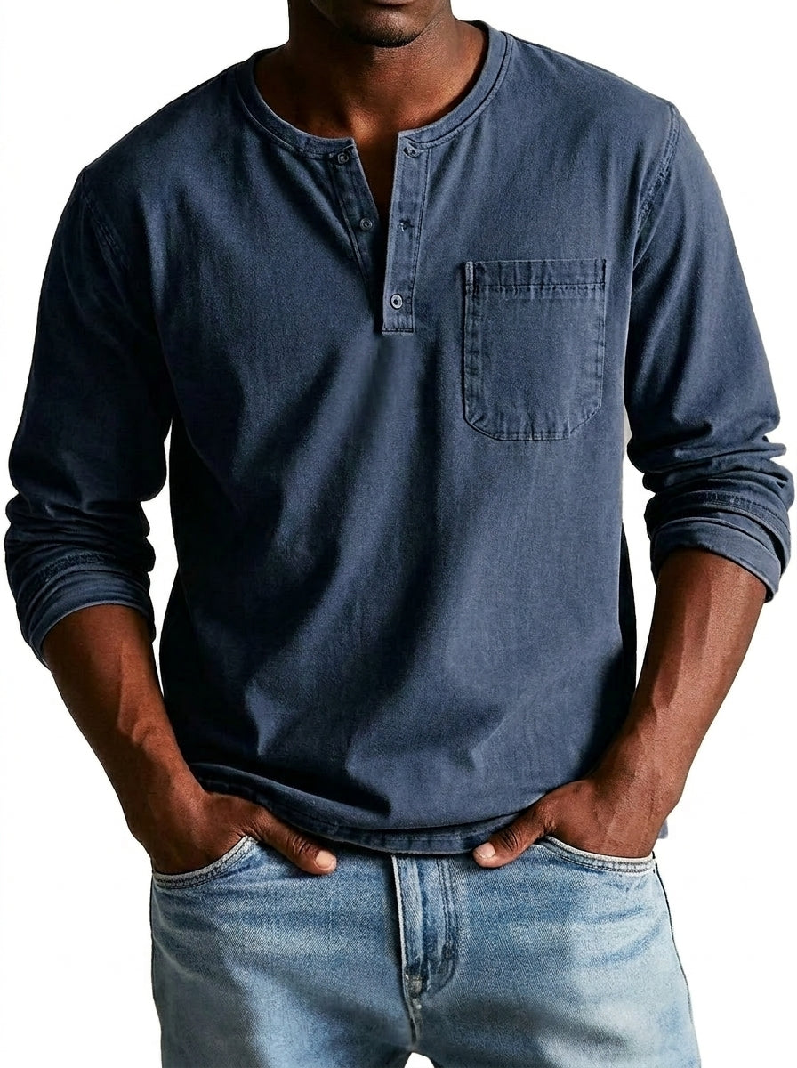 Hombres Camiseta Henley de manga larga con bolsillo de parche y botones-Shirt for men-Casaluzia