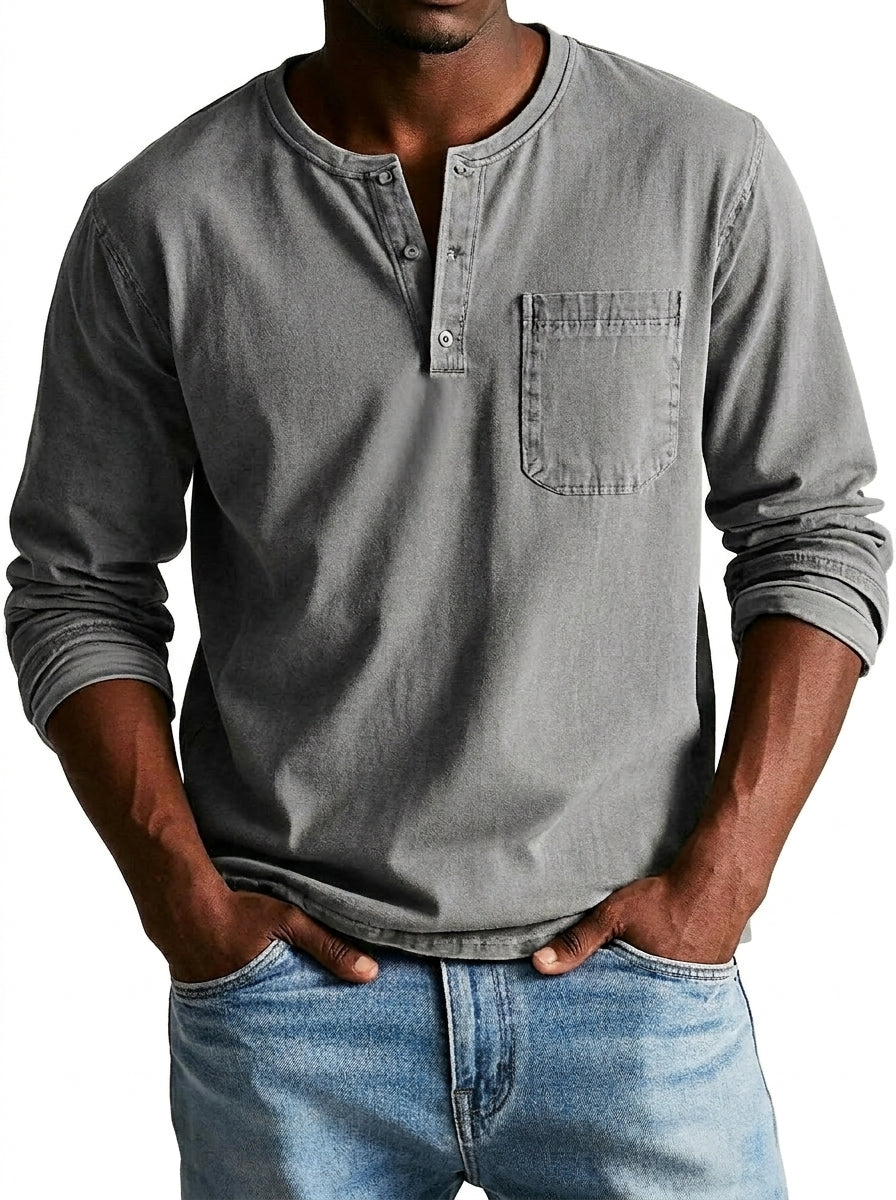 Hombres Camiseta Henley de manga larga con bolsillo de parche y botones-Shirt for men-Casaluzia