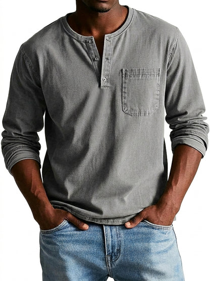 Hombres Camiseta Henley de manga larga con bolsillo de parche y botones-Shirt for men-Casaluzia