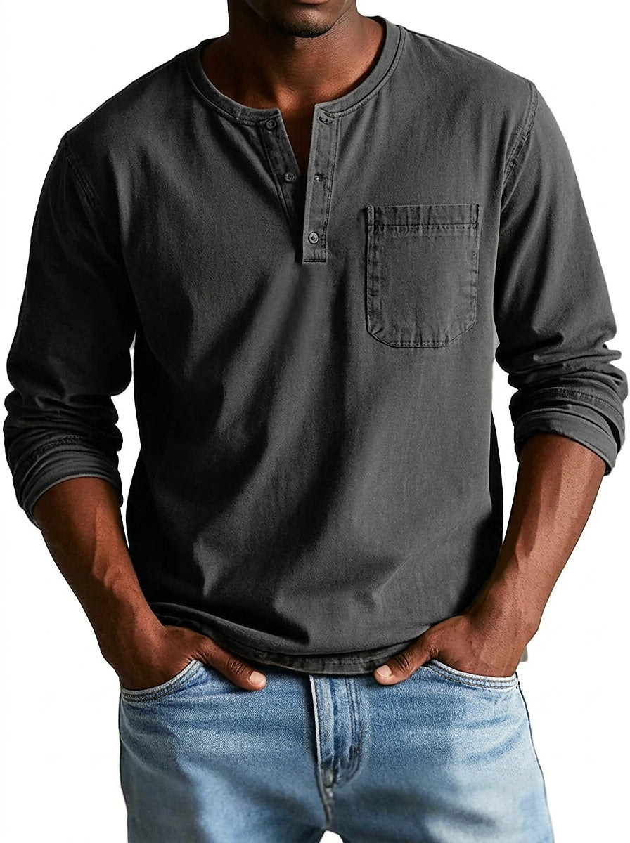 Hombres Camiseta Henley de manga larga con bolsillo de parche y botones-Shirt for men-Casaluzia