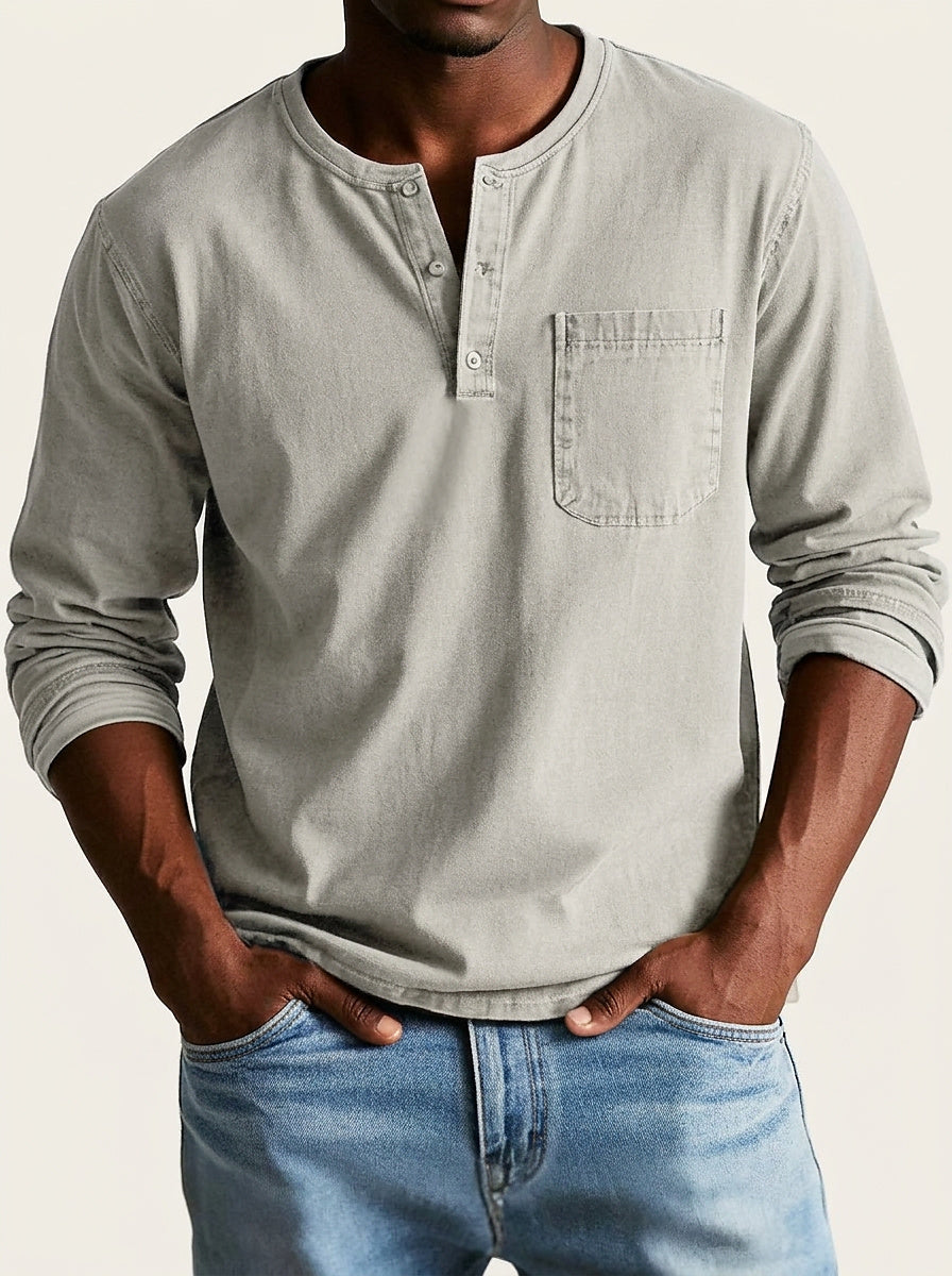 Hombres Camiseta Henley de manga larga con bolsillo de parche y botones-Shirt for men-Casaluzia