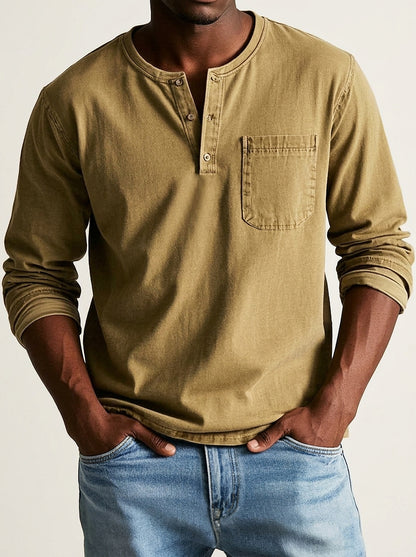 Hombres Camiseta Henley de manga larga con bolsillo de parche y botones-Shirt for men-Casaluzia