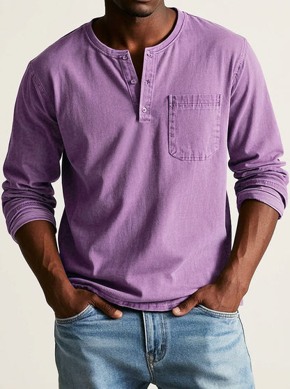 Hombres Camiseta Henley de manga larga con bolsillo de parche y botones-Shirt for men-Casaluzia