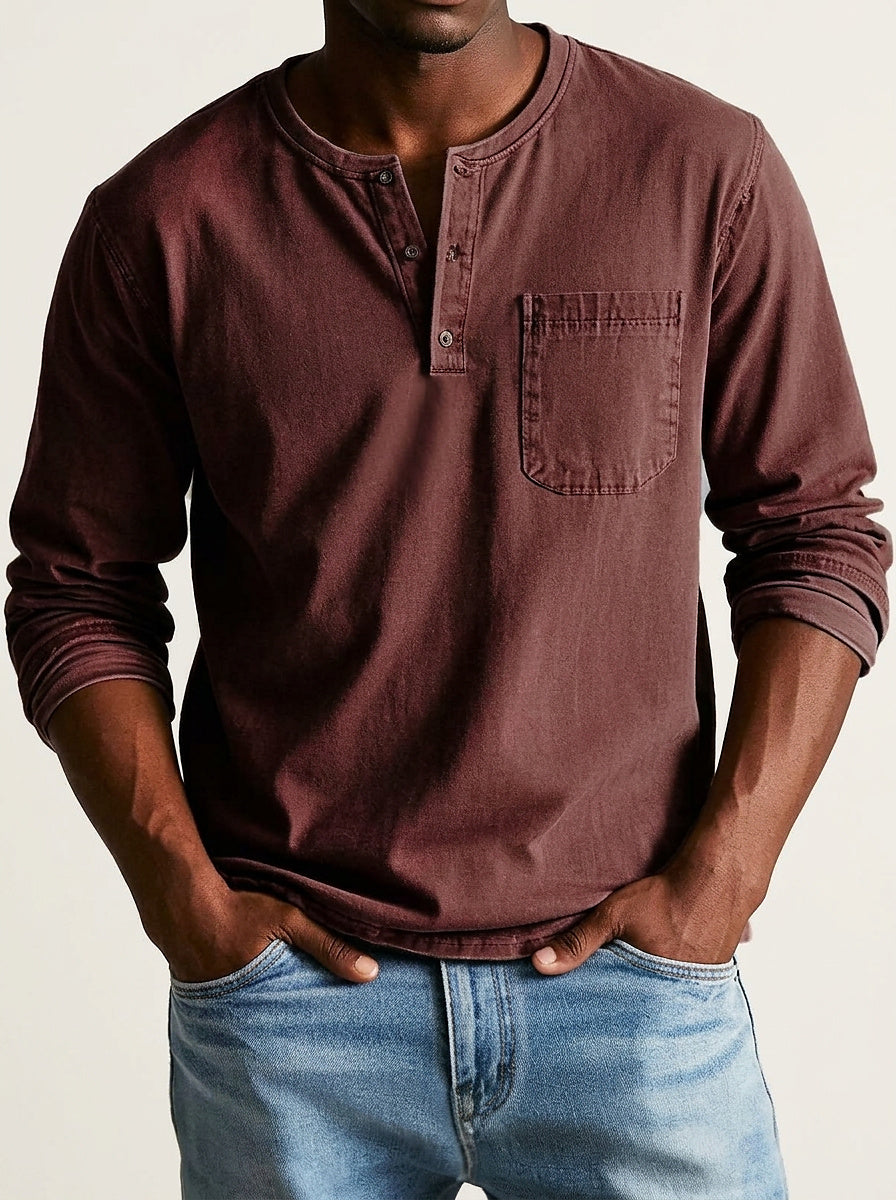 Hombres Camiseta Henley de manga larga con bolsillo de parche y botones-Shirt for men-Casaluzia