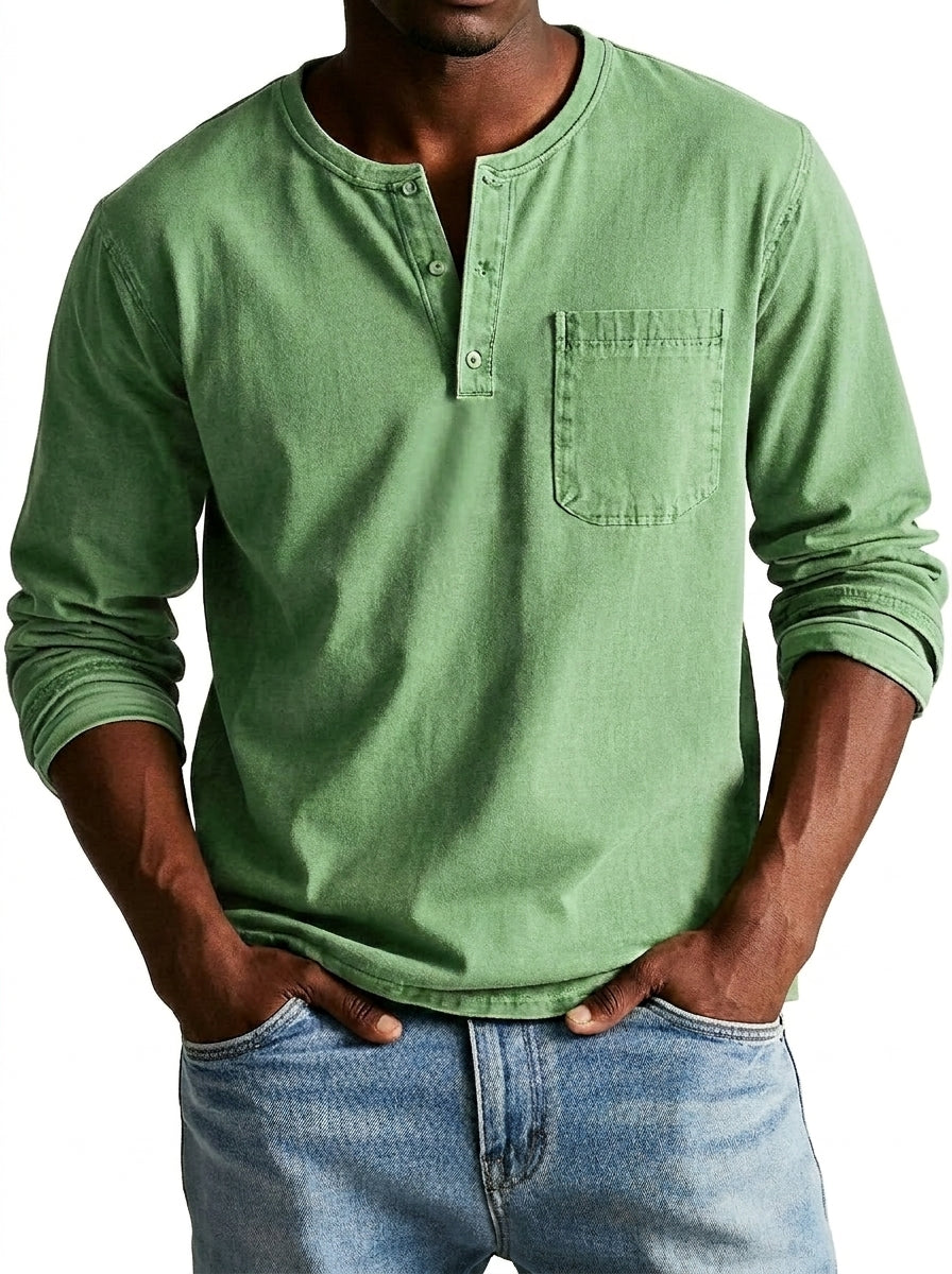 Hombres Camiseta Henley de manga larga con bolsillo de parche y botones-Shirt for men-Casaluzia