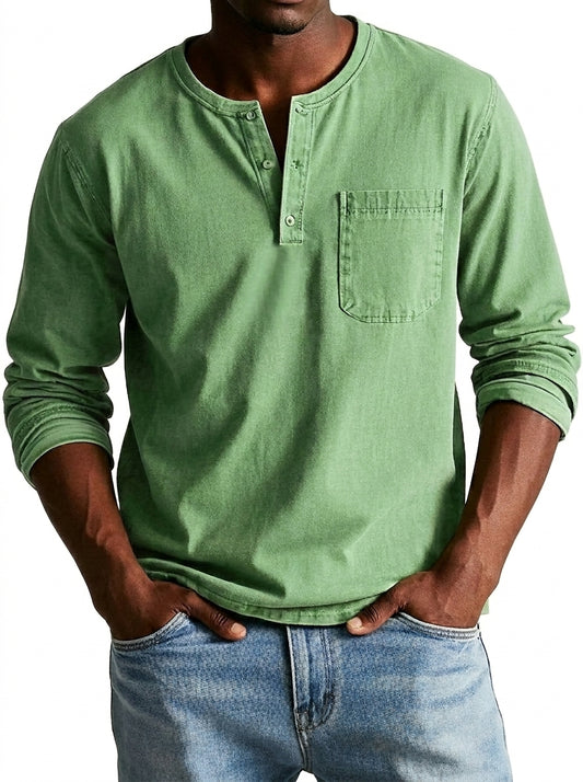 Hombres Camiseta Henley de manga larga con bolsillo de parche y botones-Shirt for men-Casaluzia