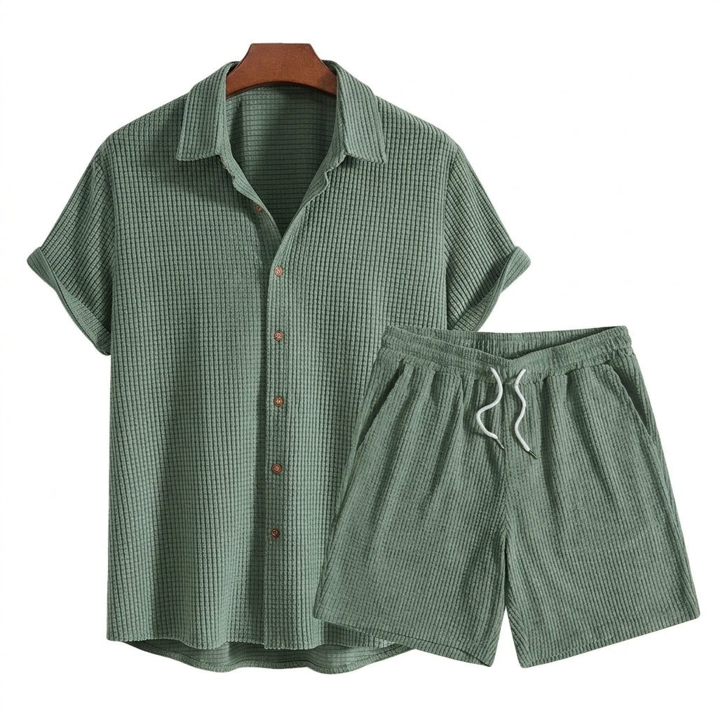 Hombres Conjunto de Camisa de Manga Corta y Pantalones Cortos con Textura de Gofre-Sets for Men-Casaluzia