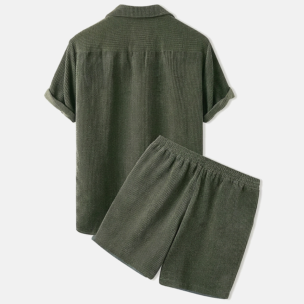 Hombres Conjunto de Camisa de Manga Corta y Pantalones Cortos con Textura de Nervaduras-Sets for Men-Casaluzia