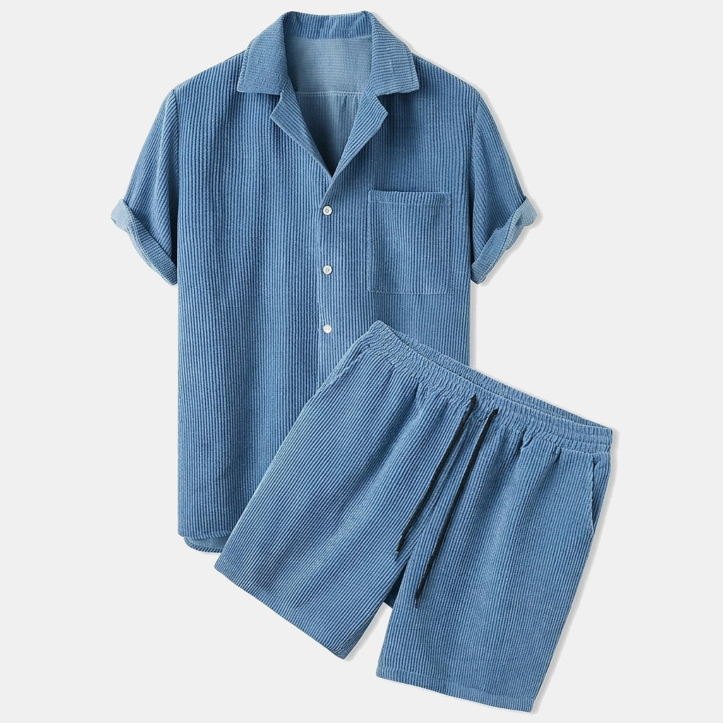 Hombres Conjunto de Camisa de Manga Corta y Pantalones Cortos con Textura de Nervaduras-Sets for Men-Casaluzia