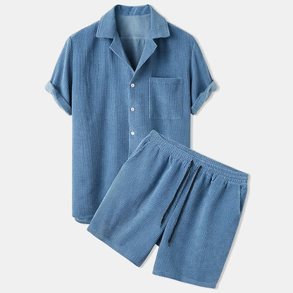 Hombres Conjunto de Camisa de Manga Corta y Pantalones Cortos con Textura de Nervaduras-Sets for Men-Casaluzia
