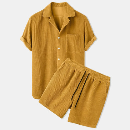 Hombres Conjunto de Camisa de Manga Corta y Pantalones Cortos con Textura de Nervaduras-Sets for Men-Casaluzia