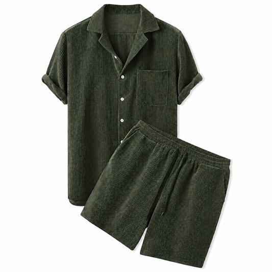 Hombres Conjunto de Camisa de Manga Corta y Pantalones Cortos con Textura de Nervaduras-Sets for Men-Casaluzia