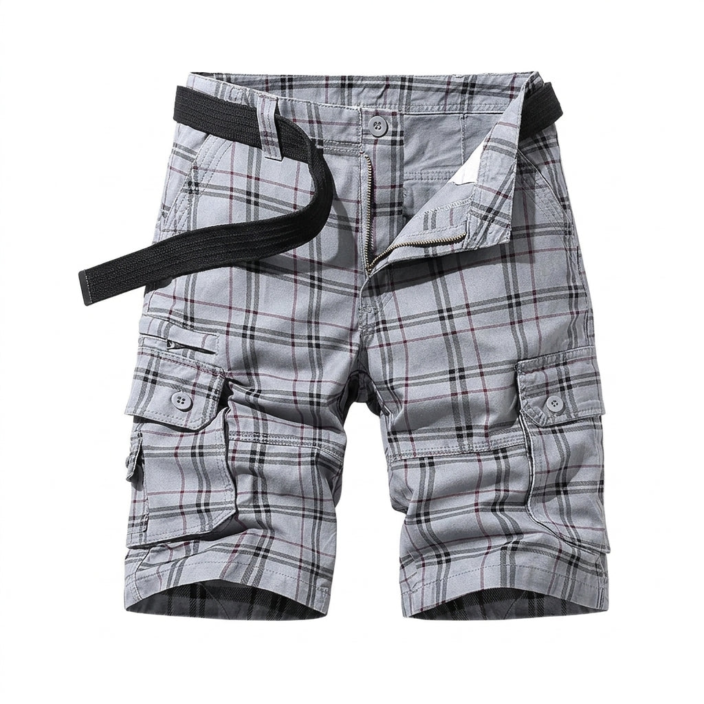 Hombres Pantalones Cortos Cargo con Patrón de Cuadros y Bolsillos Laterales con Solapa y Cinturón-Shorts for men-Casaluzia