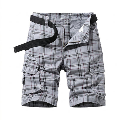 Hombres Pantalones Cortos Cargo con Patrón de Cuadros y Bolsillos Laterales con Solapa y Cinturón-Shorts for men-Casaluzia
