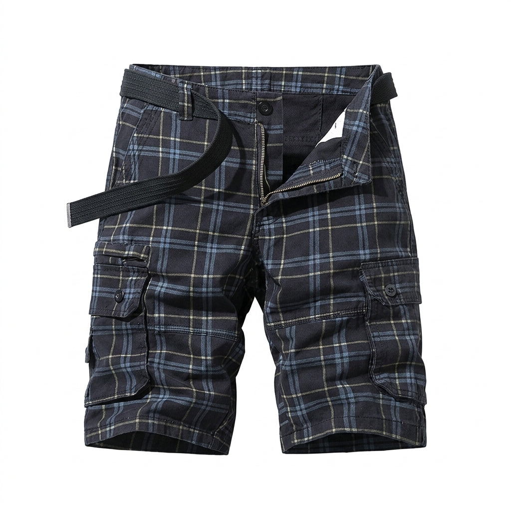 Hombres Pantalones Cortos Cargo con Patrón de Cuadros y Bolsillos Laterales con Solapa y Cinturón-Shorts for men-Casaluzia