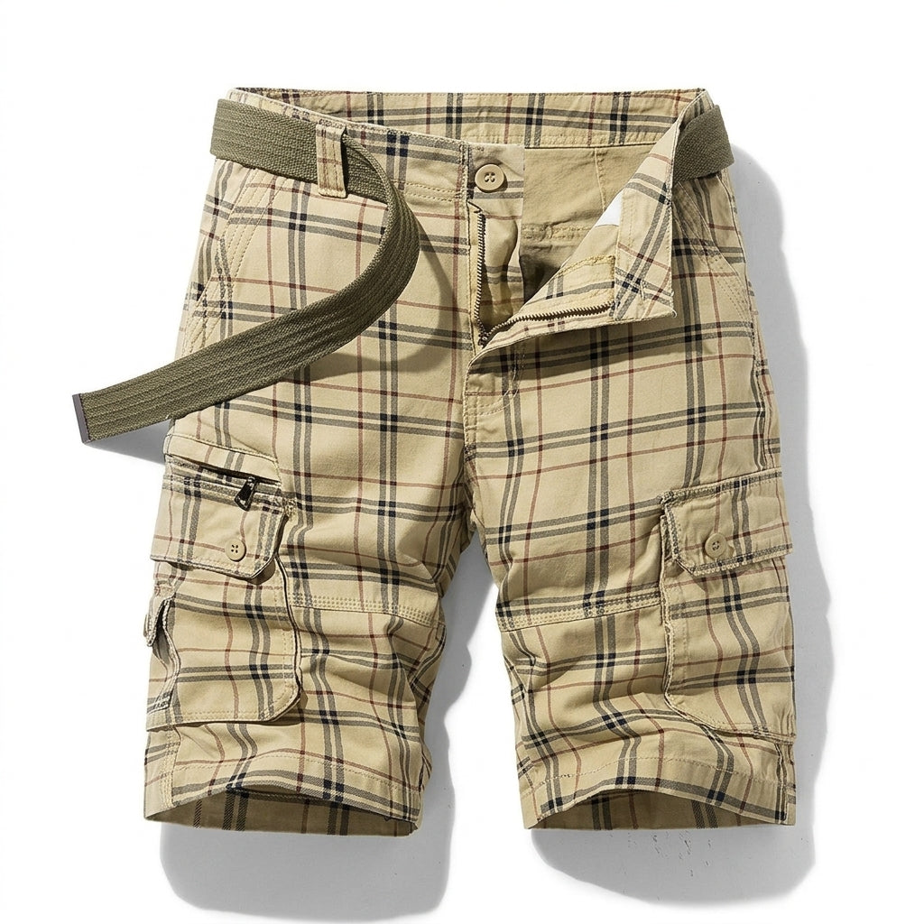 Hombres Pantalones Cortos Cargo con Patrón de Cuadros y Bolsillos Laterales con Solapa y Cinturón-Shorts for men-Casaluzia