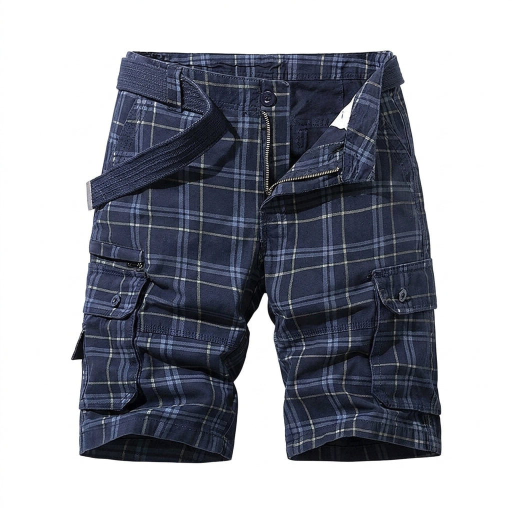 Hombres Pantalones Cortos Cargo con Patrón de Cuadros y Bolsillos Laterales con Solapa y Cinturón-Shorts for men-Casaluzia