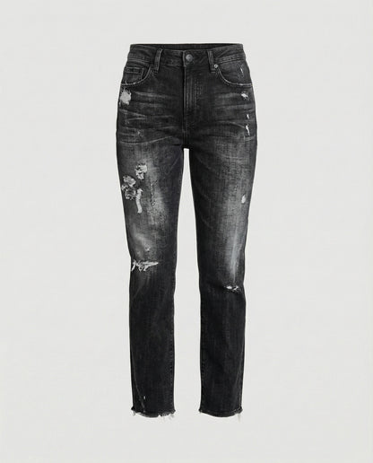 Jeans de corte recto y tiro medio con efecto desgastado para mujer-Pants for Women-Casaluzia
