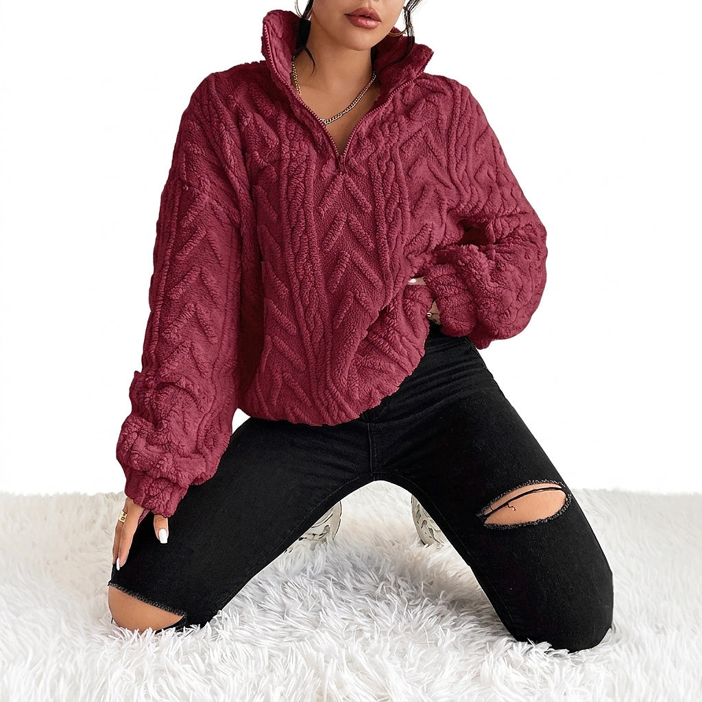 Jersey de forro polar con cremallera de cuarto para mujer-Sweaters for Women-Casaluzia
