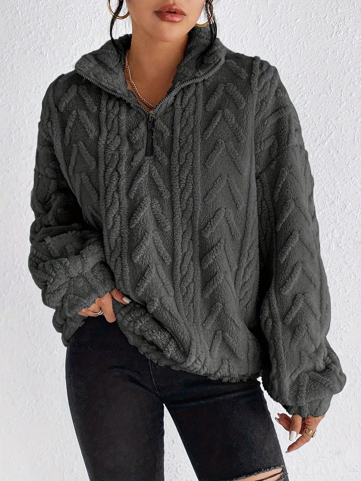 Jersey de forro polar con cremallera de cuarto para mujer-Sweaters for Women-Casaluzia