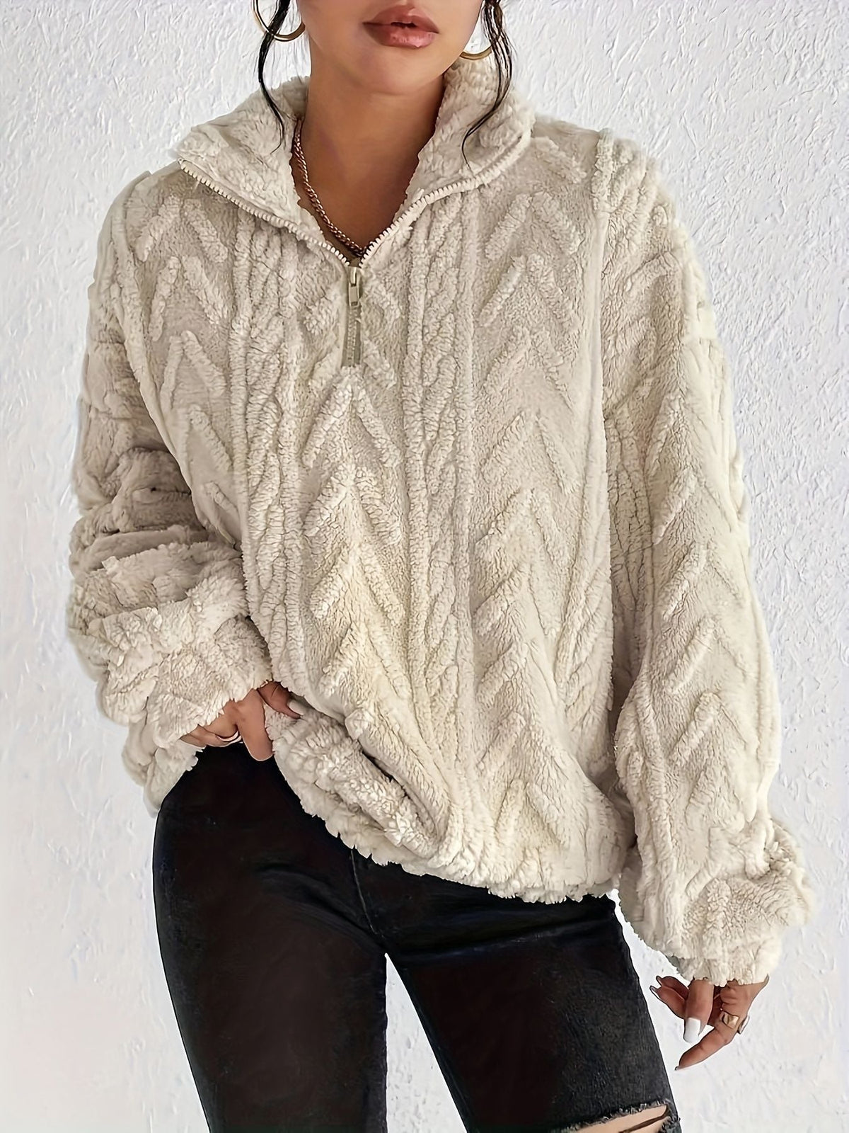 Jersey de forro polar con cremallera de cuarto para mujer-Sweaters for Women-Casaluzia