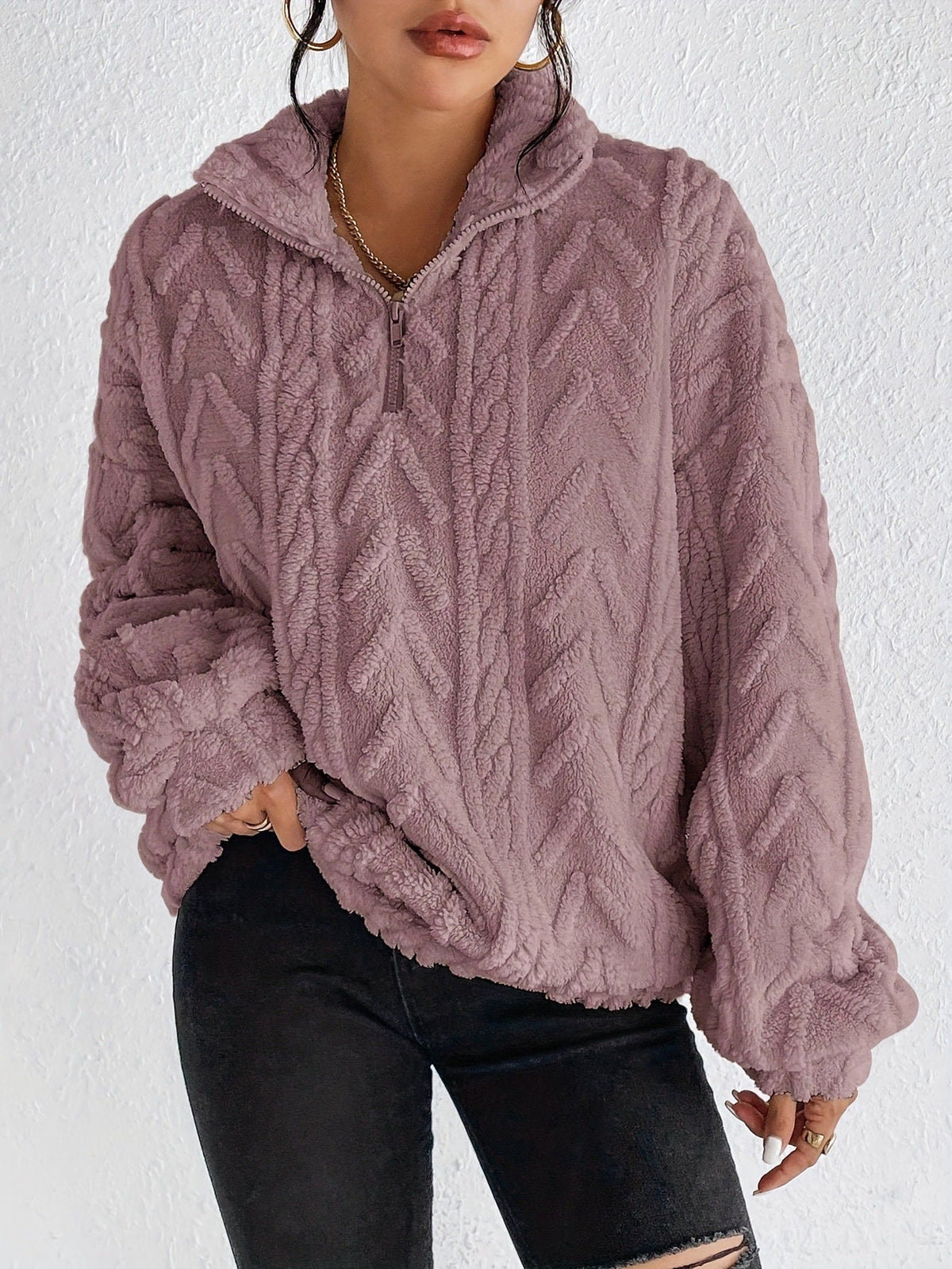 Jersey de forro polar con cremallera de cuarto para mujer-Sweaters for Women-Casaluzia