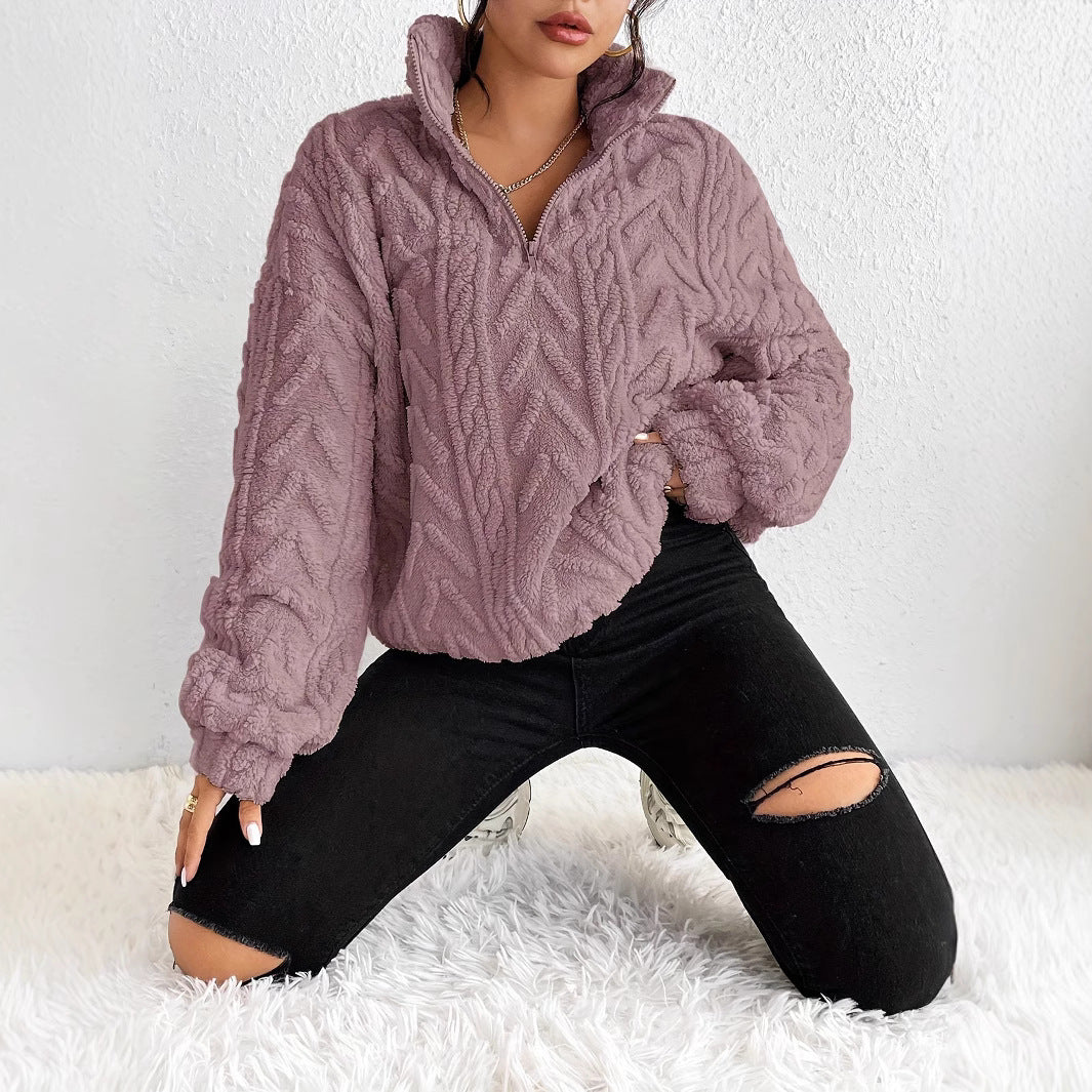 Jersey de forro polar con cremallera de cuarto para mujer-Sweaters for Women-Casaluzia
