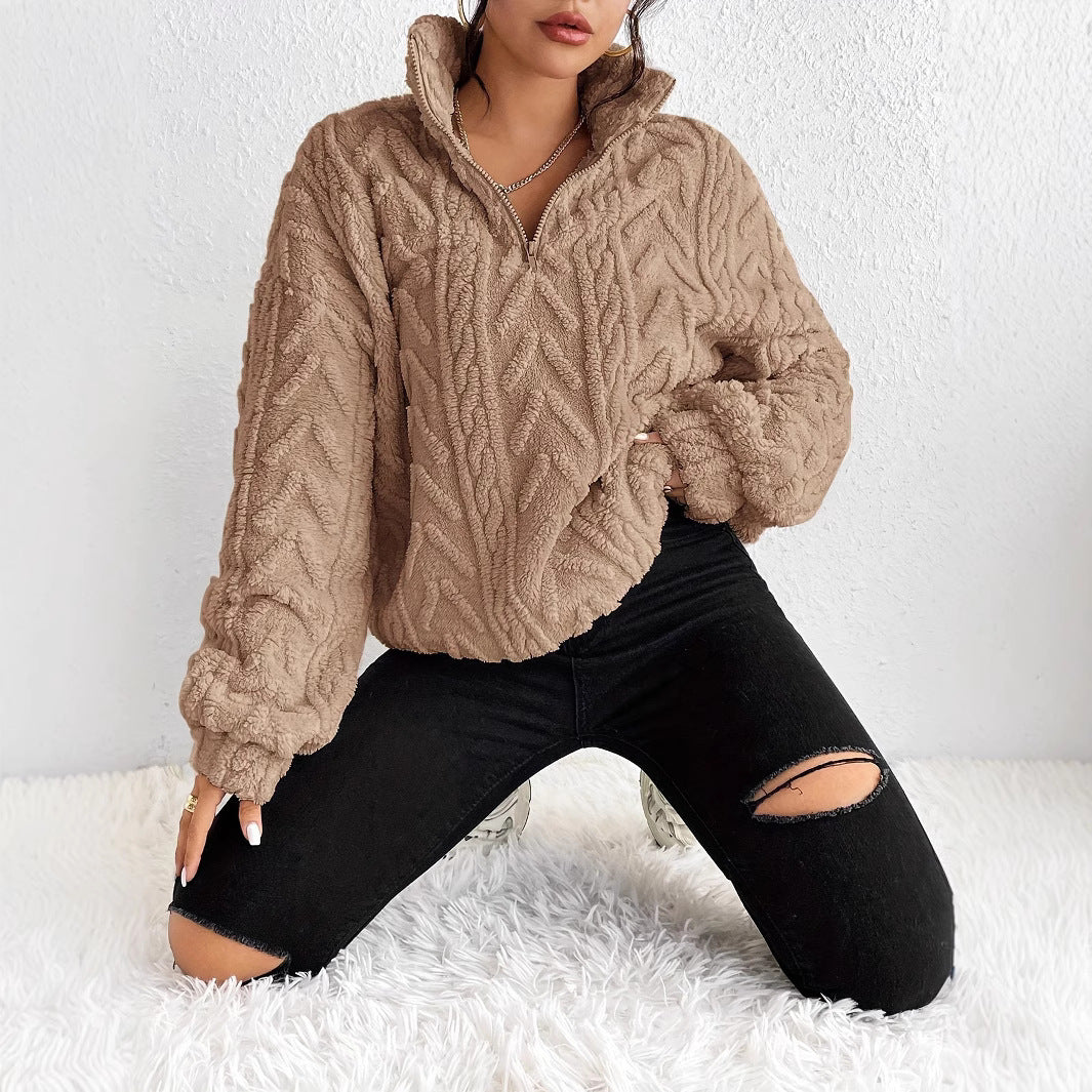 Jersey de forro polar con cremallera de cuarto para mujer-Sweaters for Women-Casaluzia