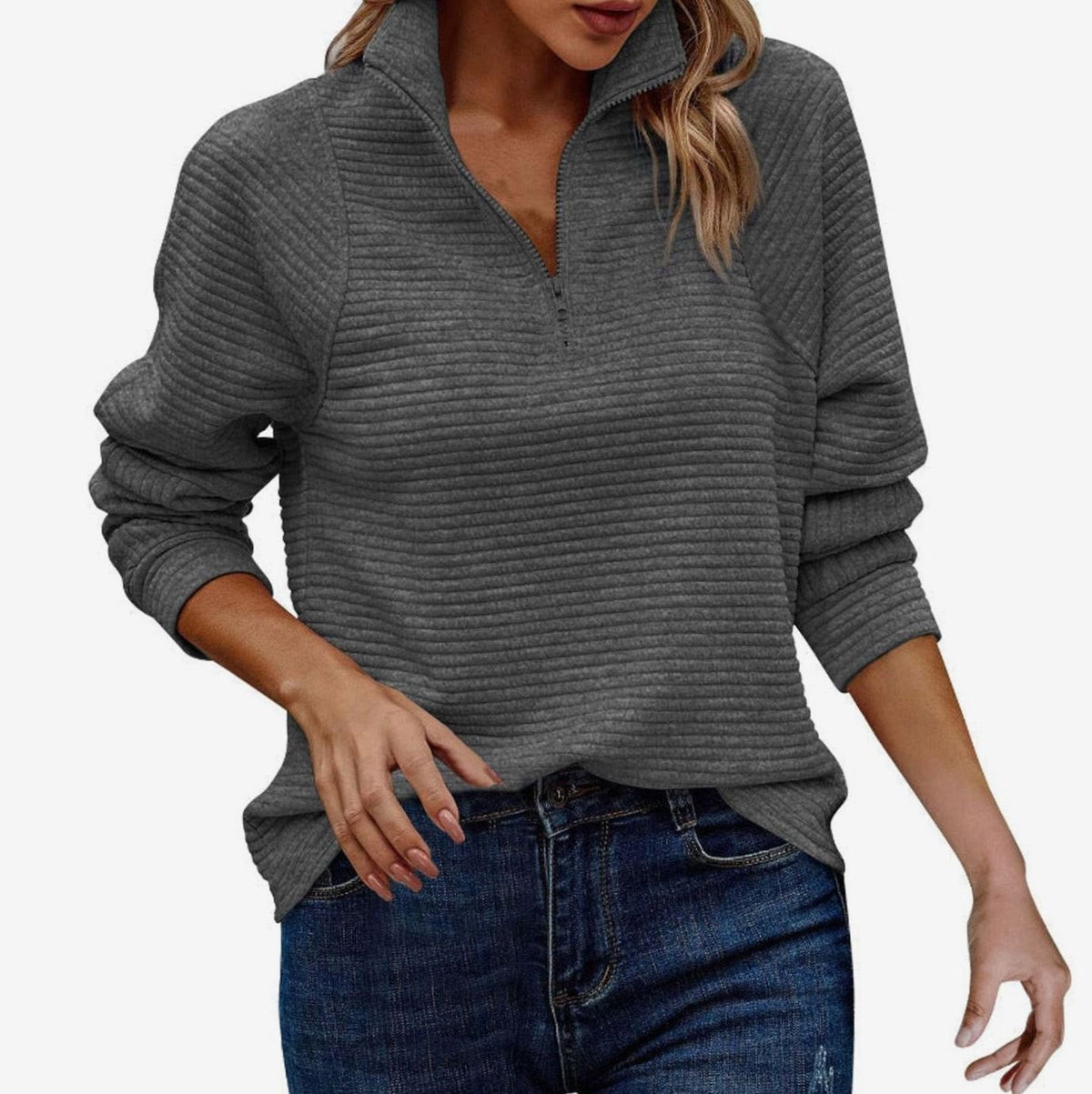 Jersey de mujer con cremallera de cuarto y textura acanalada-Sweaters for Women-Casaluzia