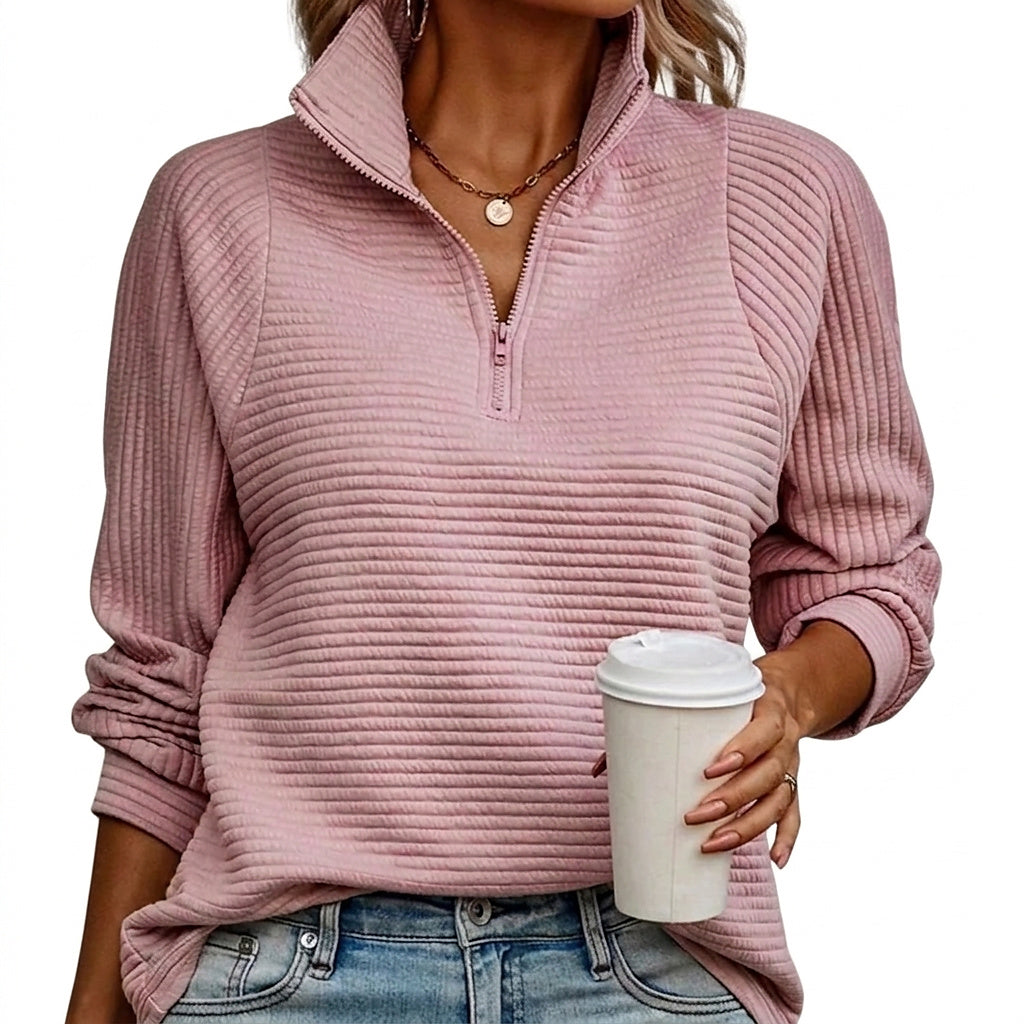 Jersey de mujer con cremallera de cuarto y textura acanalada-Sweaters for Women-Casaluzia