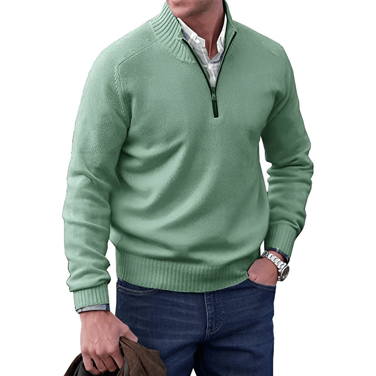 Jersey de punto con cremallera de cuarto para hombre y ribetes acanalados-Sweaters for men-Casaluzia