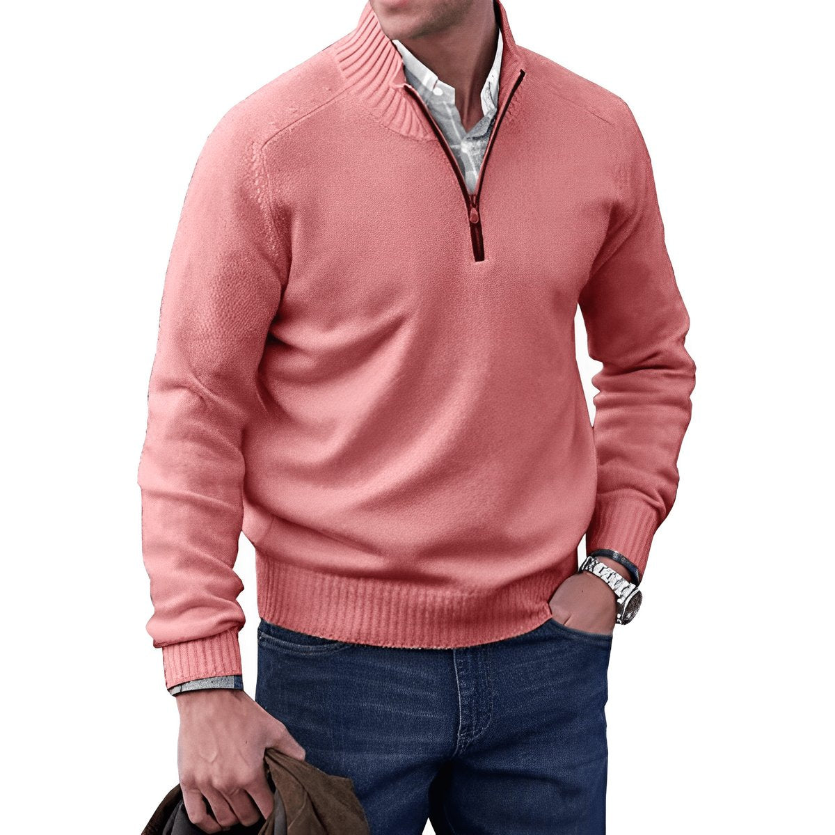 Jersey de punto con cremallera de cuarto para hombre y ribetes acanalados-Sweaters for men-Casaluzia