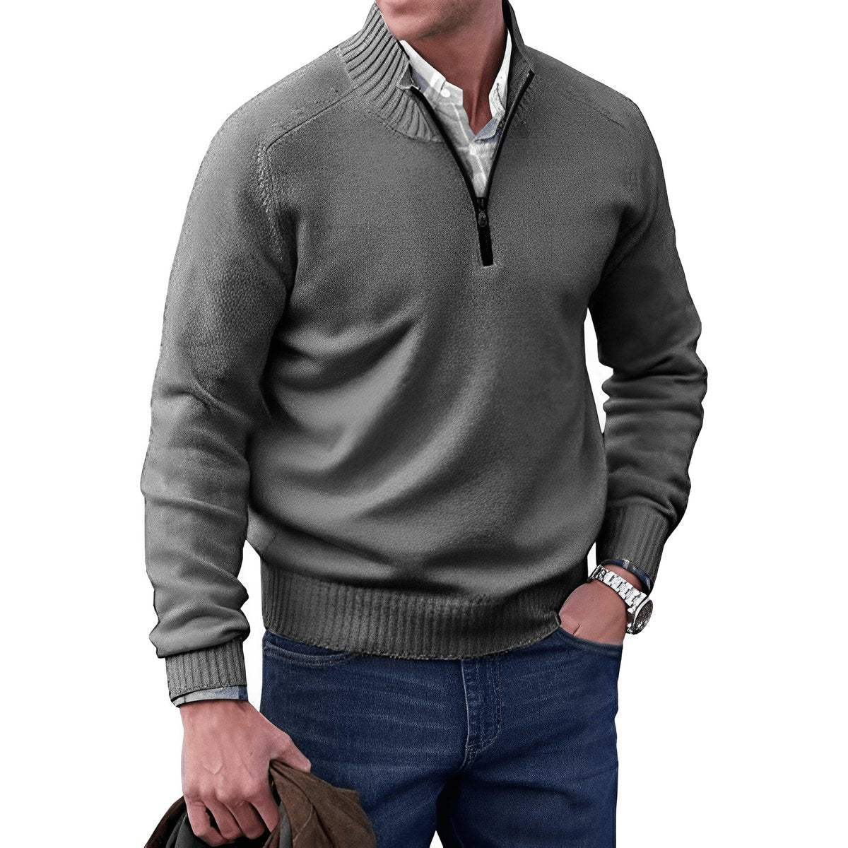 Jersey de punto con cremallera de cuarto para hombre y ribetes acanalados-Sweaters for men-Casaluzia