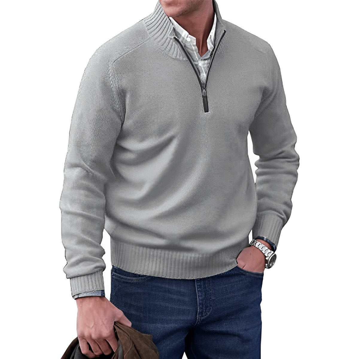 Jersey de punto con cremallera de cuarto para hombre y ribetes acanalados-Sweaters for men-Casaluzia