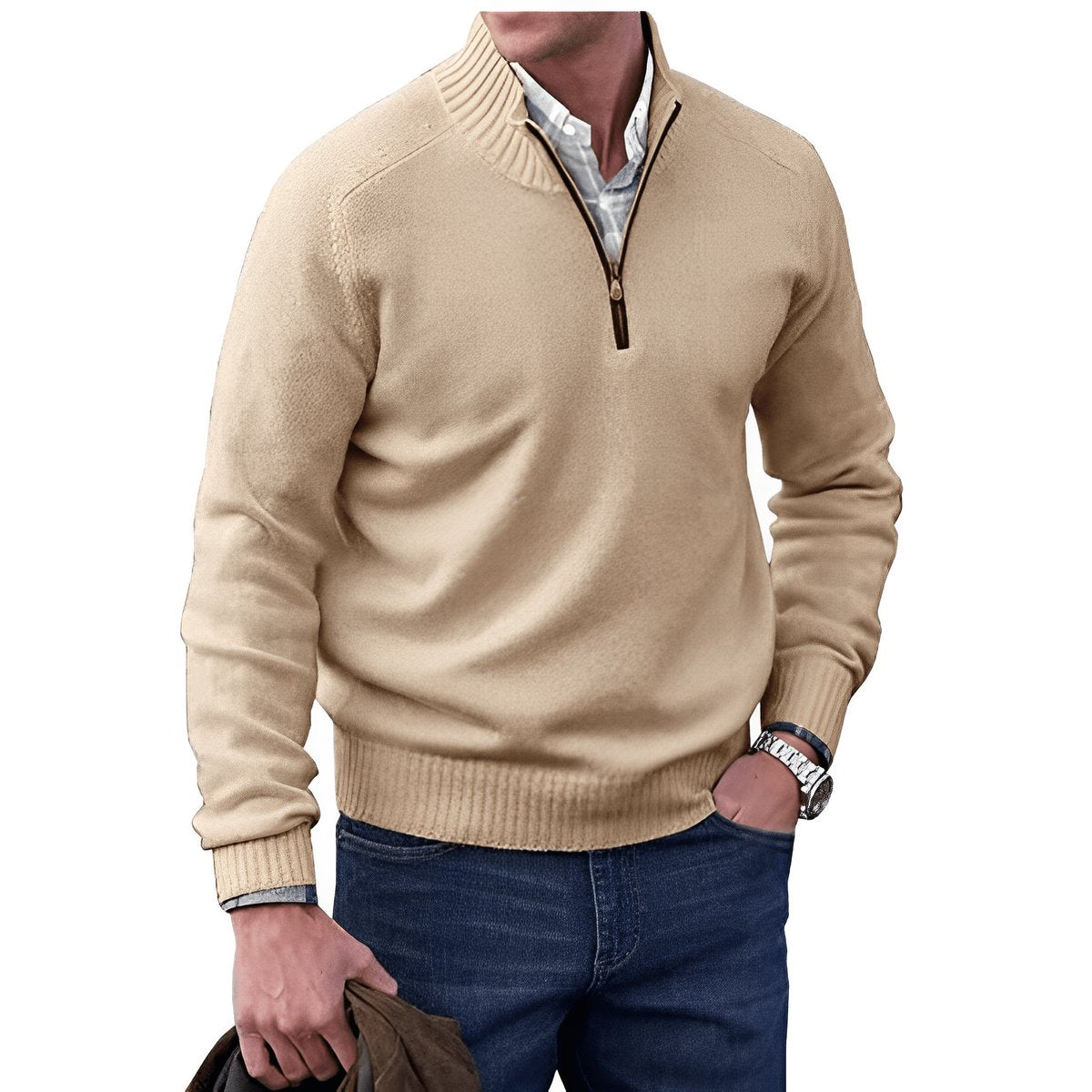Jersey de punto con cremallera de cuarto para hombre y ribetes acanalados-Sweaters for men-Casaluzia