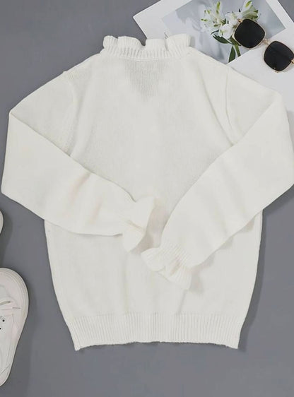 Jersey de punto para mujer con cuello en V con volantes y detalle de botones-Sweaters for Women-Casaluzia