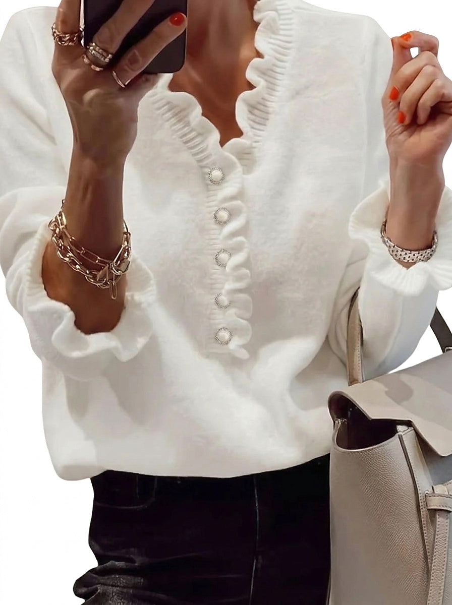 Jersey de punto para mujer con cuello en V con volantes y detalle de botones-Sweaters for Women-Casaluzia