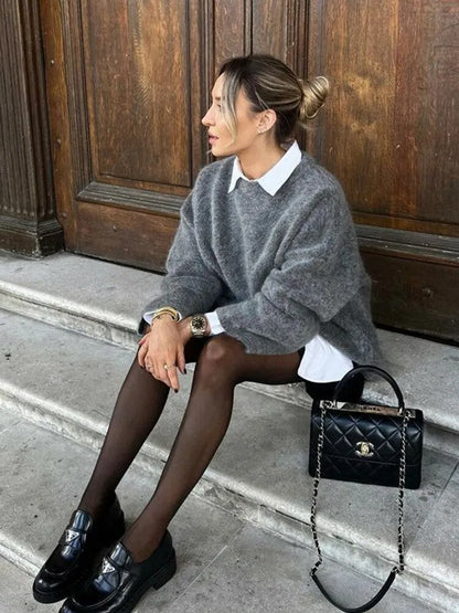 Jersey de punto para mujer con cuello redondo y hombros caídos-Sweaters for Women-Casaluzia