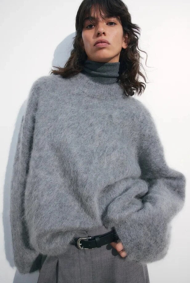 Jersey de punto para mujer con cuello redondo y hombros caídos-Sweaters for Women-Casaluzia