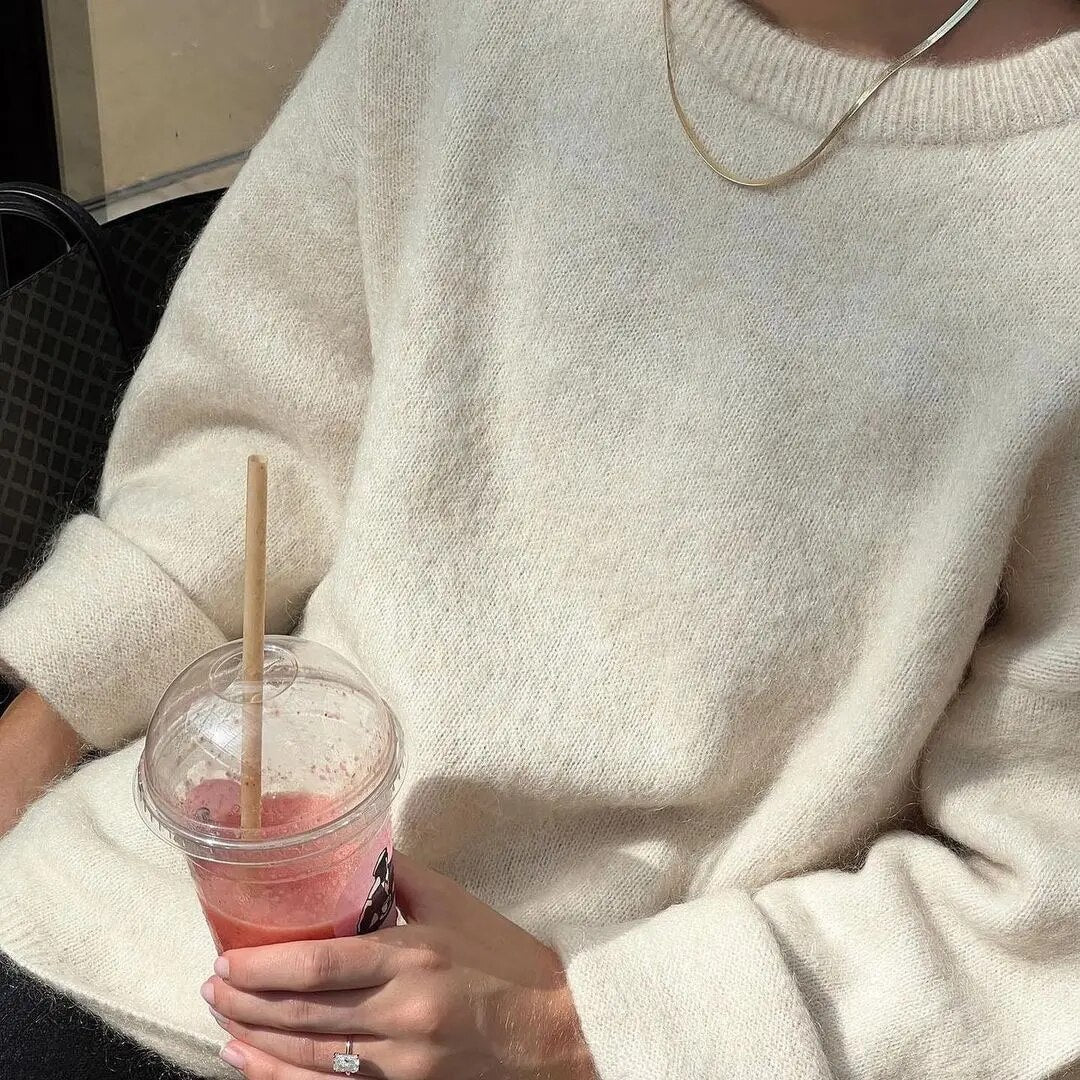 Jersey de punto para mujer con cuello redondo y hombros caídos-Sweaters for Women-Casaluzia