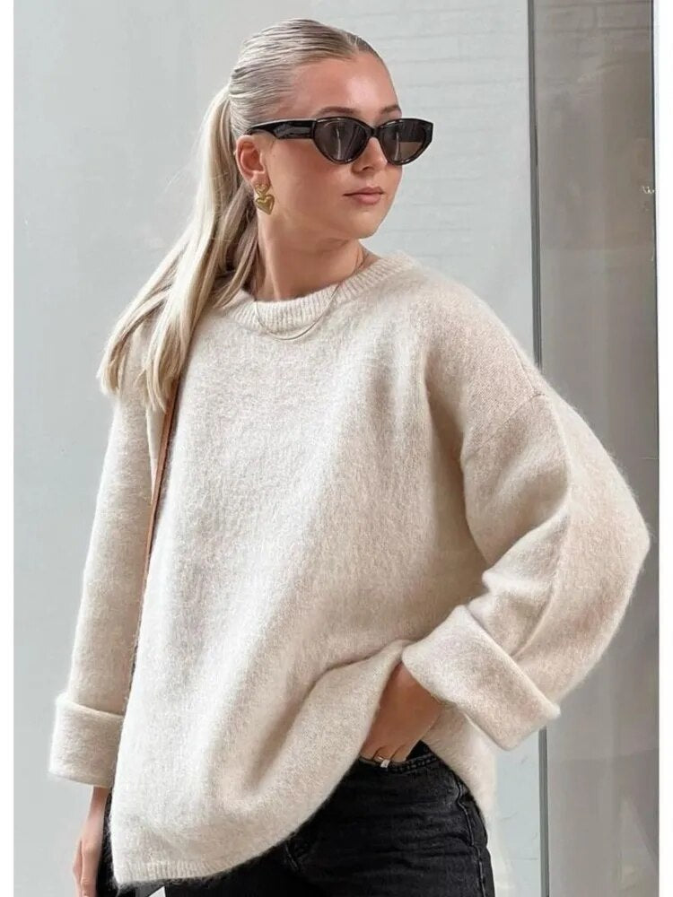 Jersey de punto para mujer con cuello redondo y hombros caídos-Sweaters for Women-Casaluzia