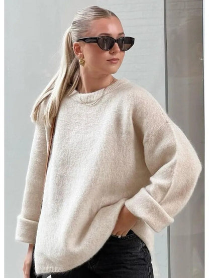 Jersey de punto para mujer con cuello redondo y hombros caídos-Sweaters for Women-Casaluzia