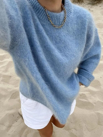 Jersey de punto para mujer con cuello redondo y hombros caídos-Sweaters for Women-Casaluzia