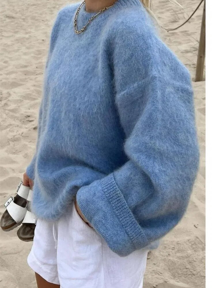 Jersey de punto para mujer con cuello redondo y hombros caídos-Sweaters for Women-Casaluzia