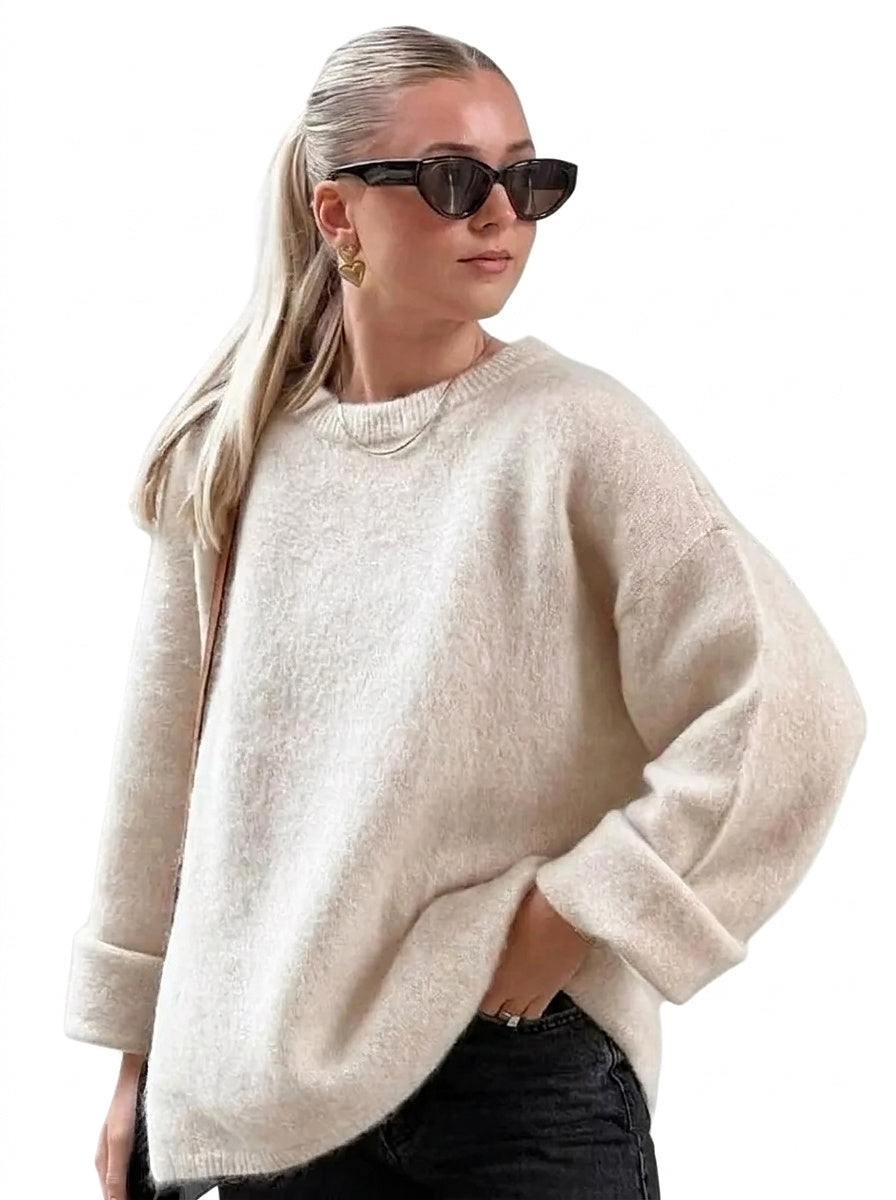 Jersey de punto para mujer con cuello redondo y hombros caídos-Sweaters for Women-Casaluzia