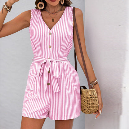 Mameluco sin mangas a rayas con botones frontales para mujer-Jumpsuits for women-Casaluzia