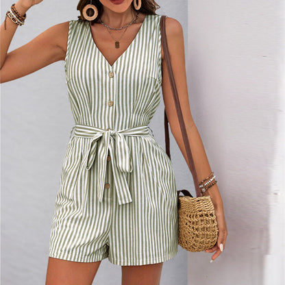 Mameluco sin mangas a rayas con botones frontales para mujer-Jumpsuits for women-Casaluzia